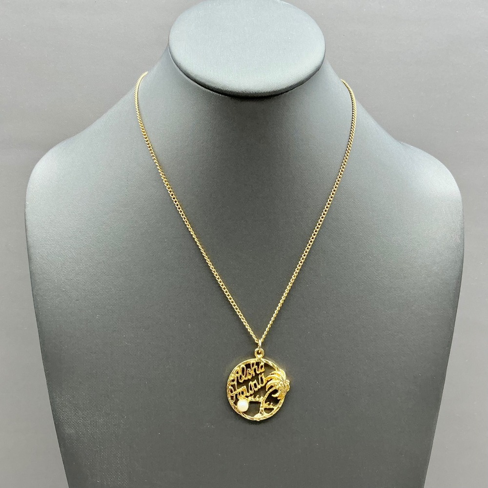 Aloha Hawaii Pendant Necklace Gold Tone Tropical Palm Tree Faux Pearl Charm 18"